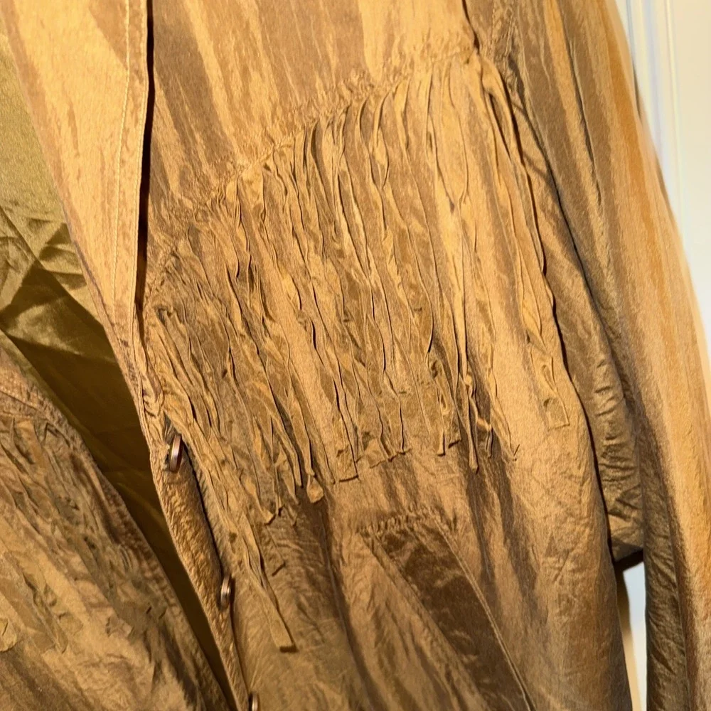 Abvien Women's 100% Silk Fringe Jacket Vintage Large Mustard‎ Brown Button Up